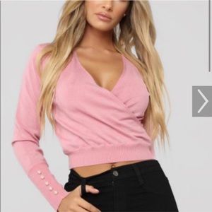 Fashion Nova Surplice Cropped Sweater with Pearl Sleeve Detail NWT